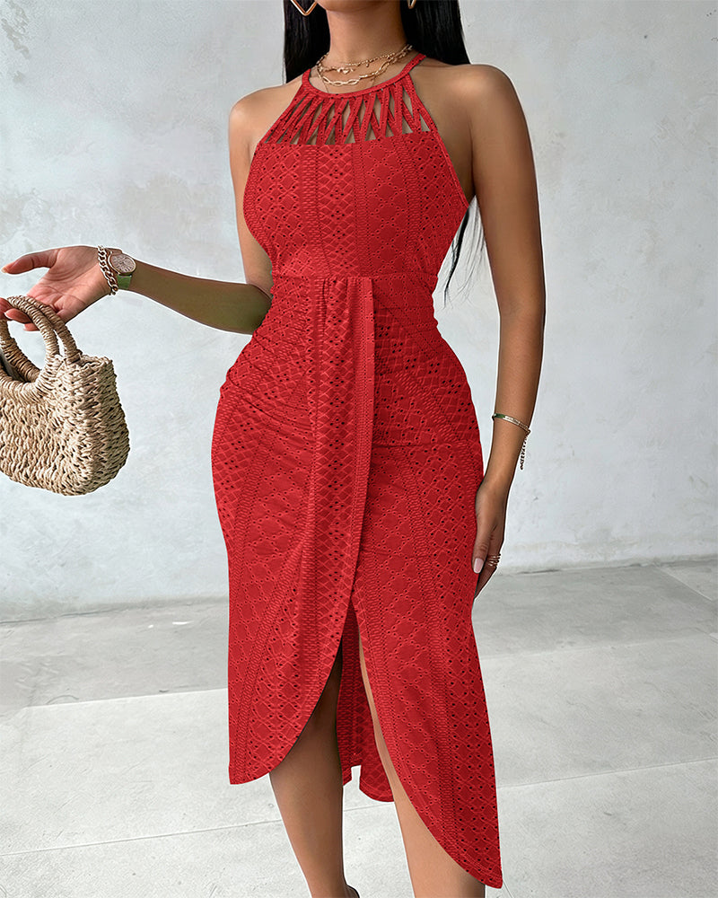 Women's Halter Knit Jacquard Slit Dress