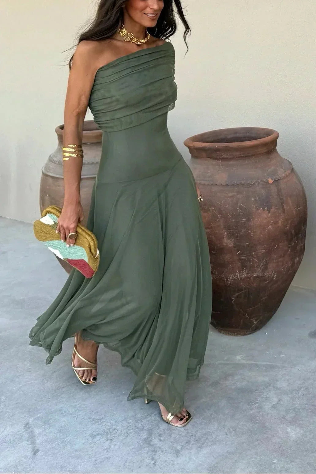 Women's Pleated One-Shoulder Maxi Dress
