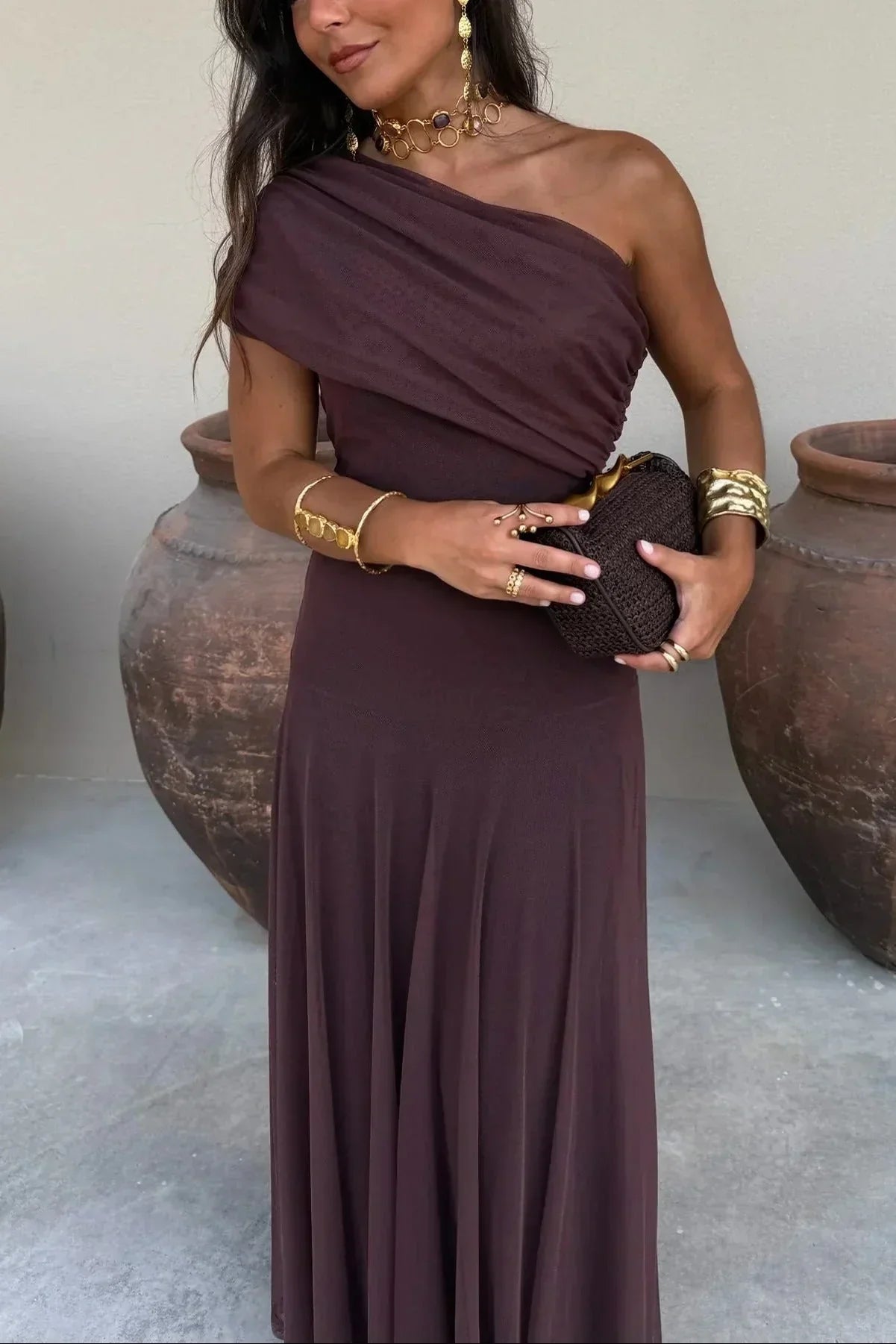 Women's Pleated One-Shoulder Maxi Dress