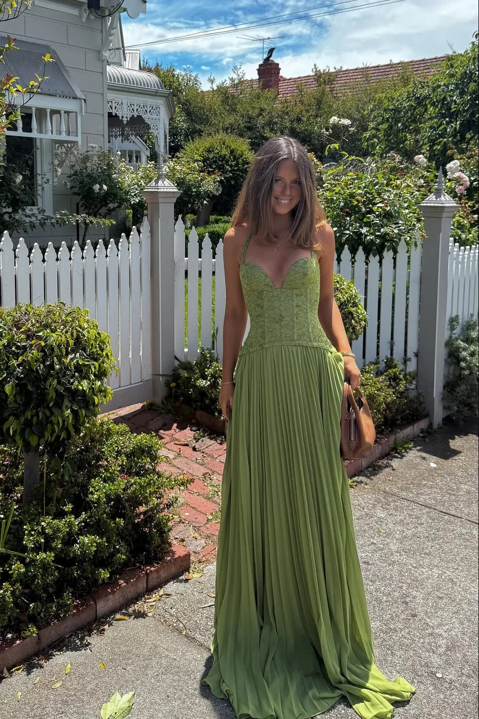 Women's Green Pleated Corset Maxi Dress