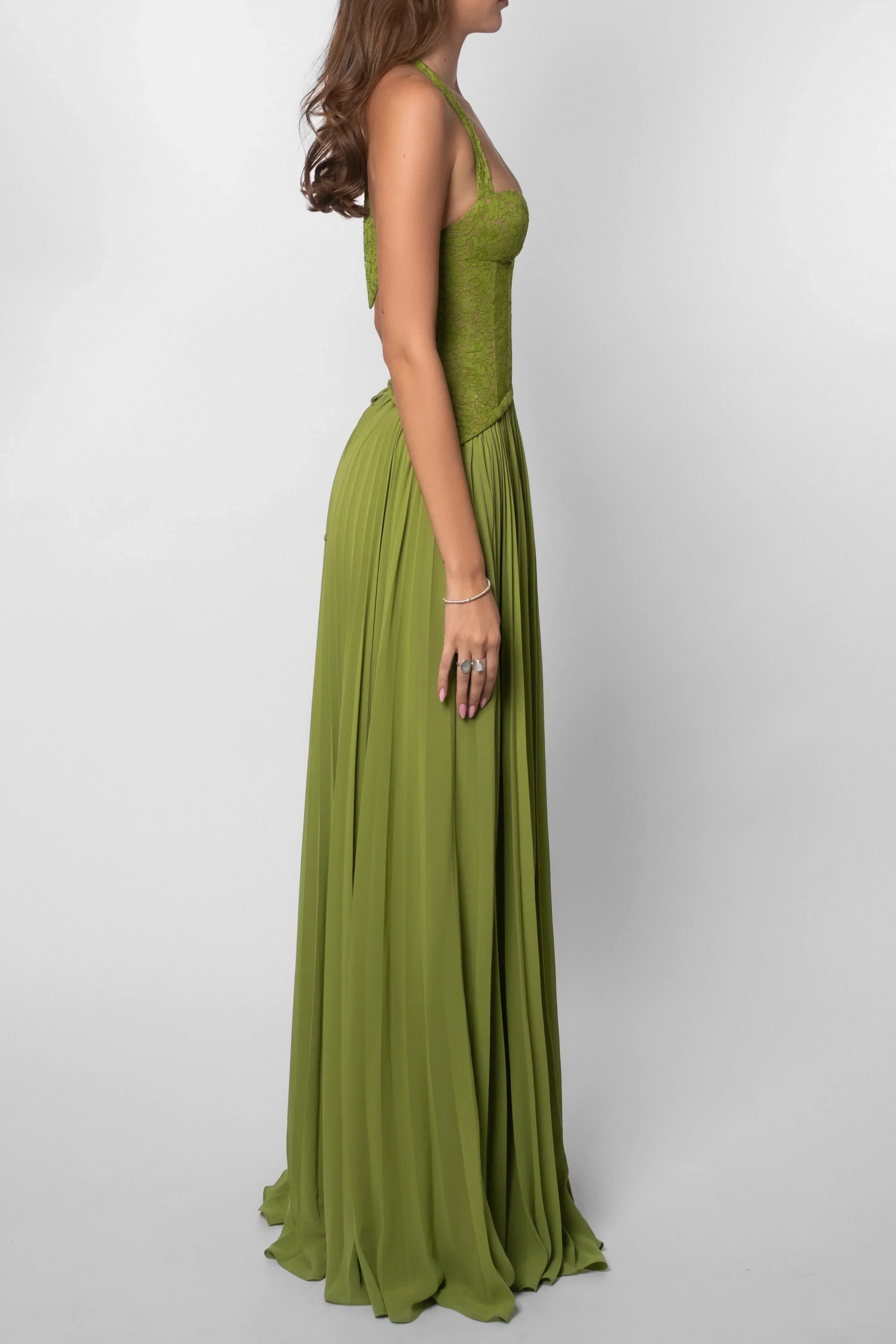 Women's Green Pleated Corset Maxi Dress