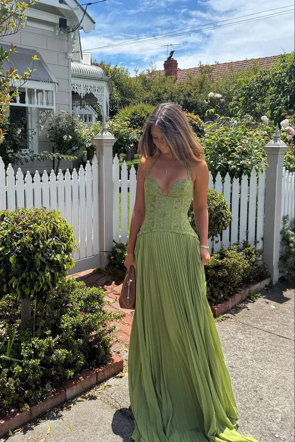 Women's Green Pleated Corset Maxi Dress