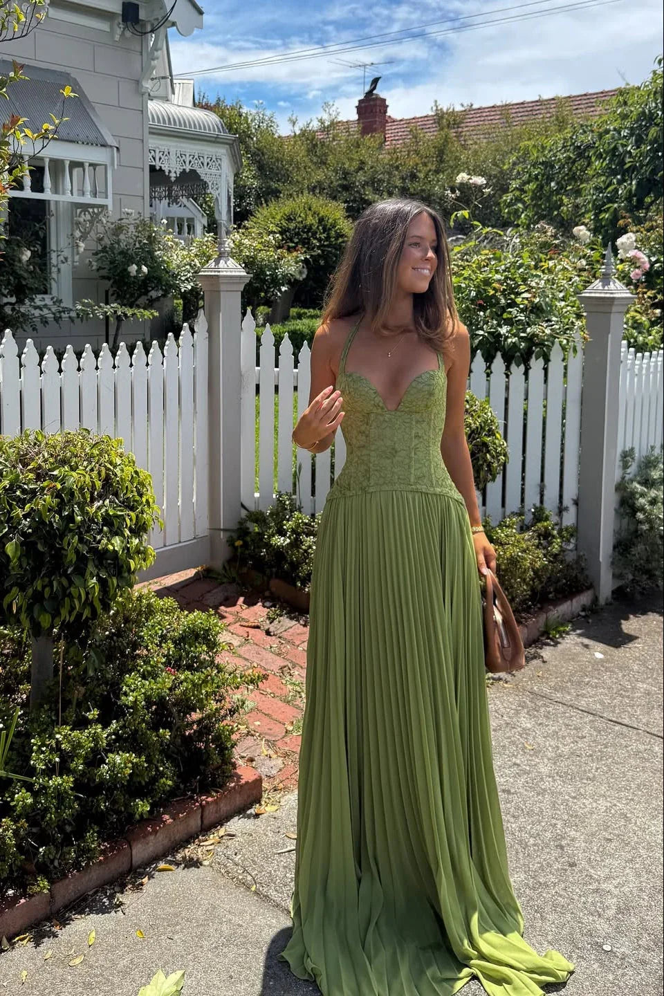 Women's Green Pleated Corset Maxi Dress