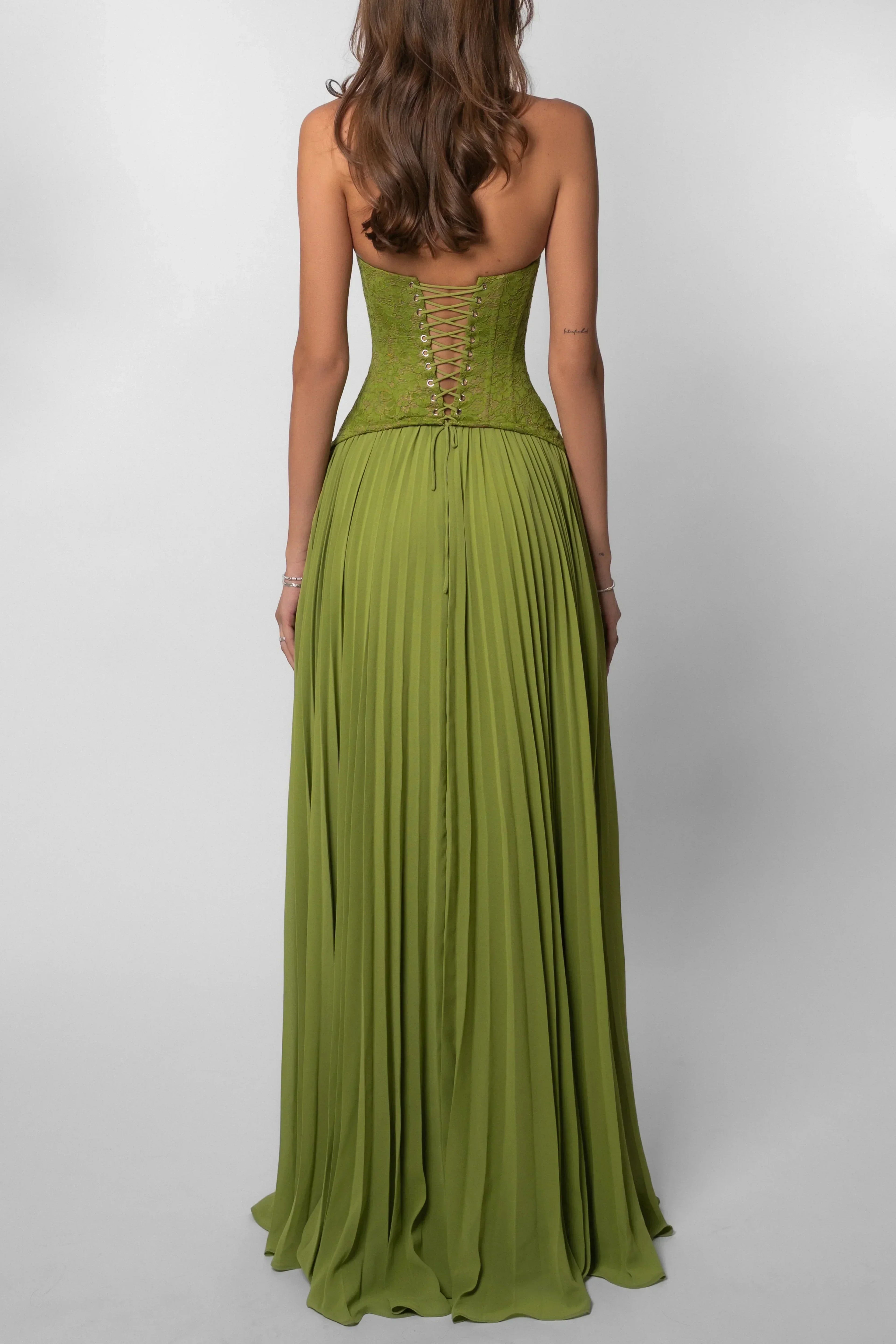 Women's Green Pleated Corset Maxi Dress