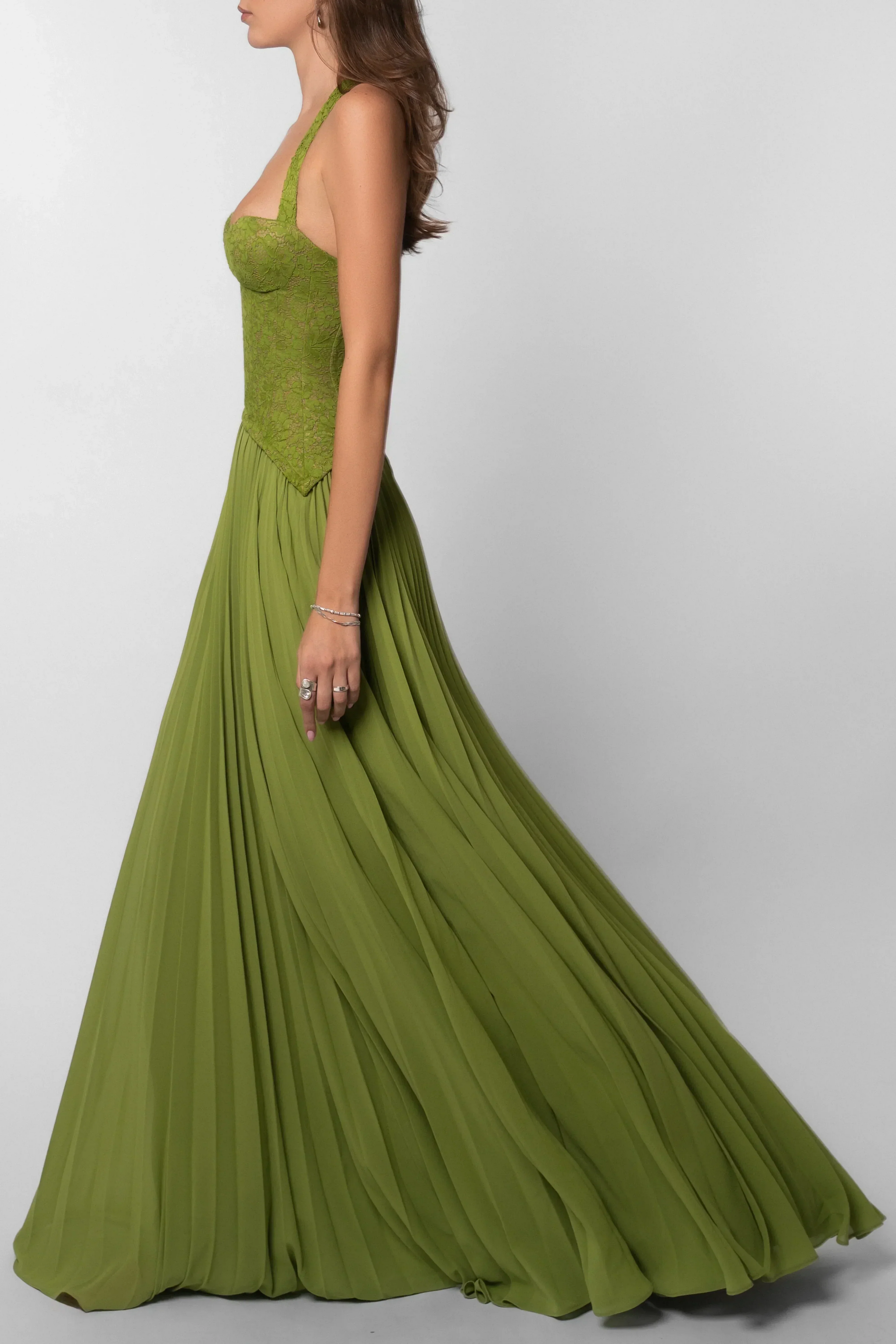 Women's Green Pleated Corset Maxi Dress
