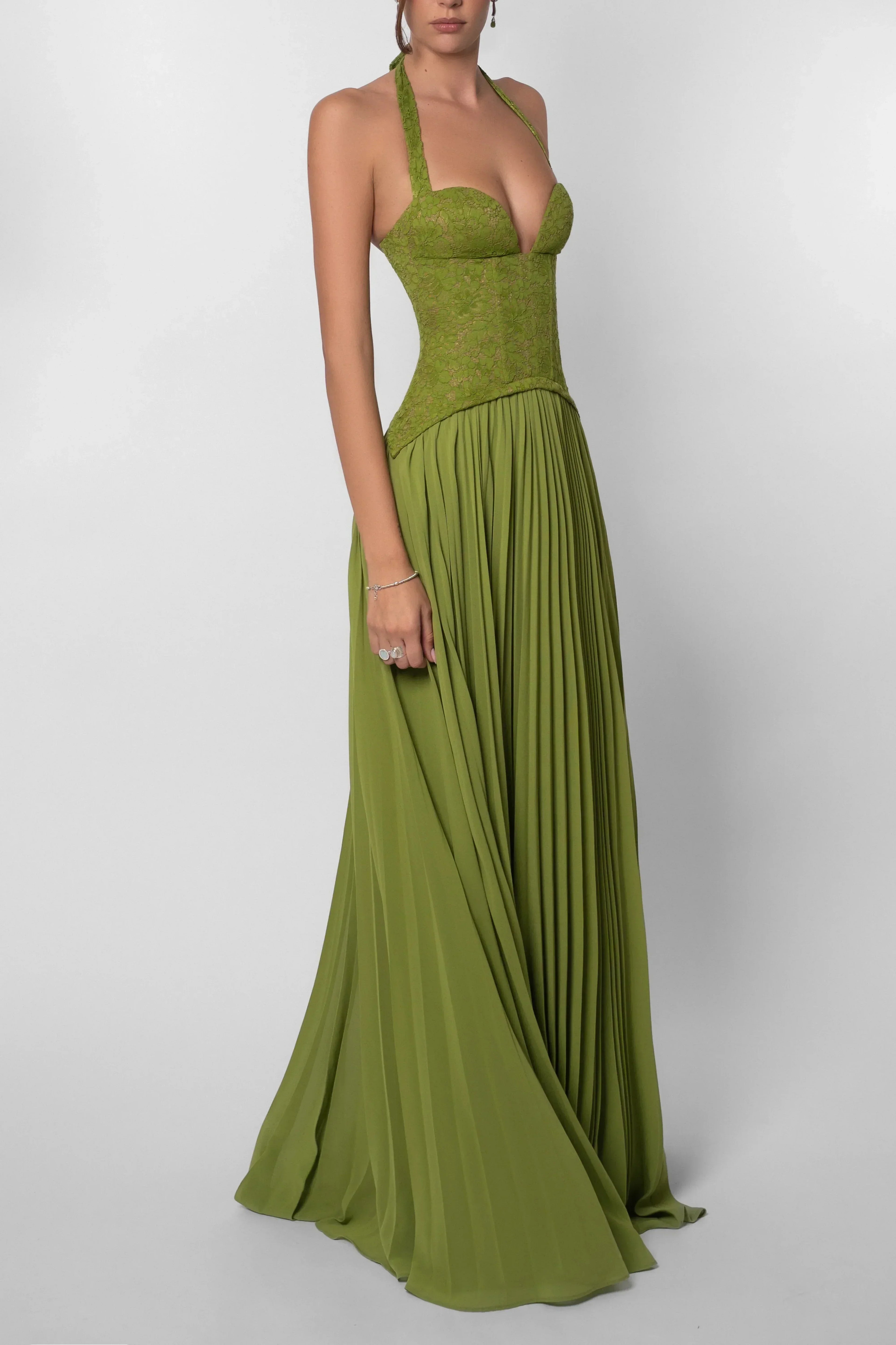 Women's Green Pleated Corset Maxi Dress