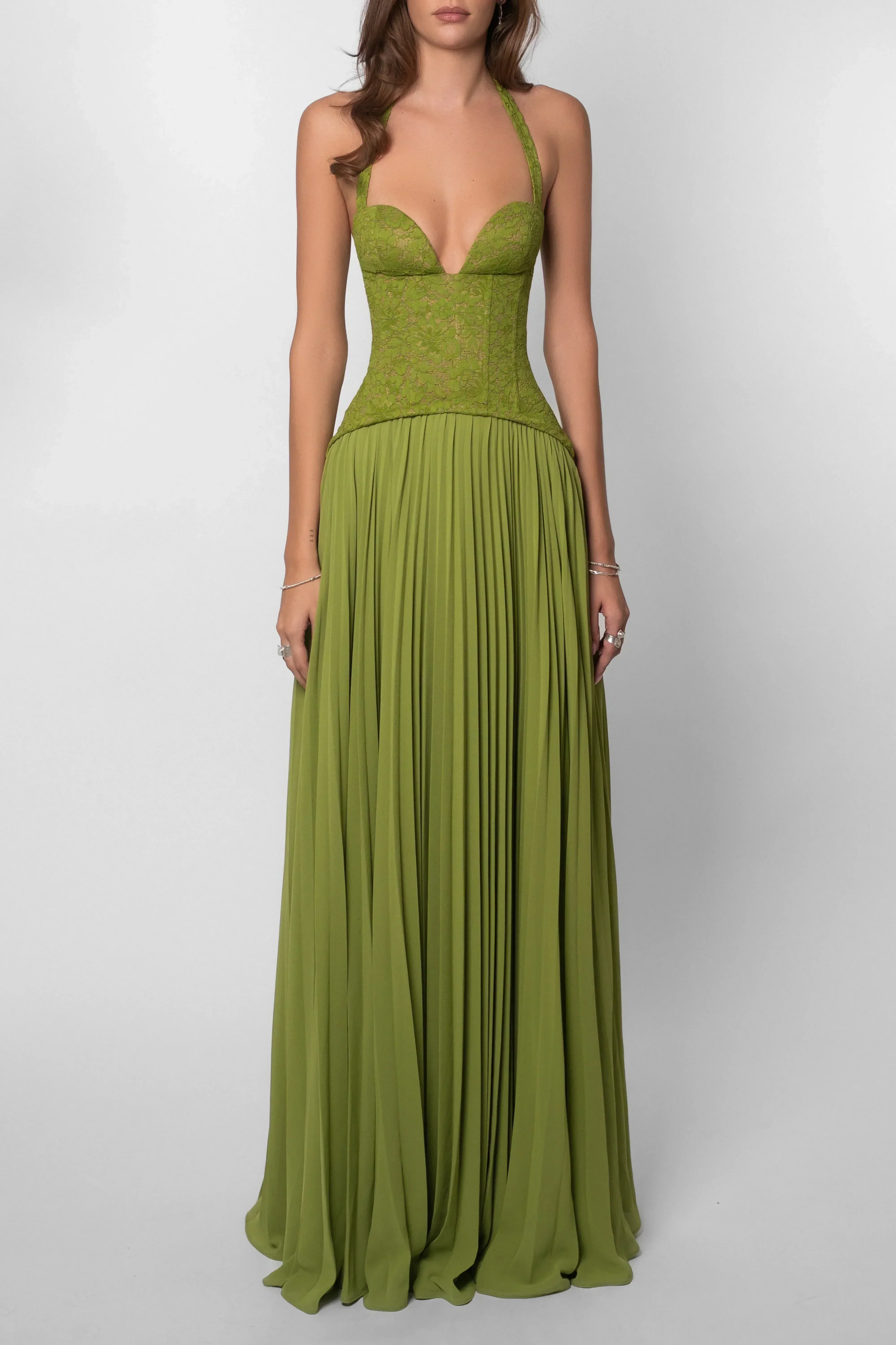 Women's Green Pleated Corset Maxi Dress
