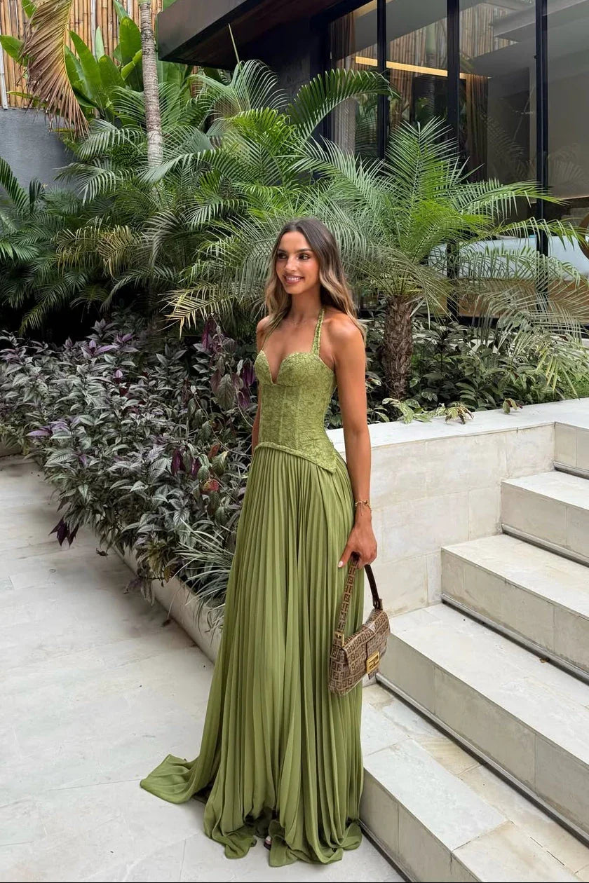 Women's Green Pleated Corset Maxi Dress