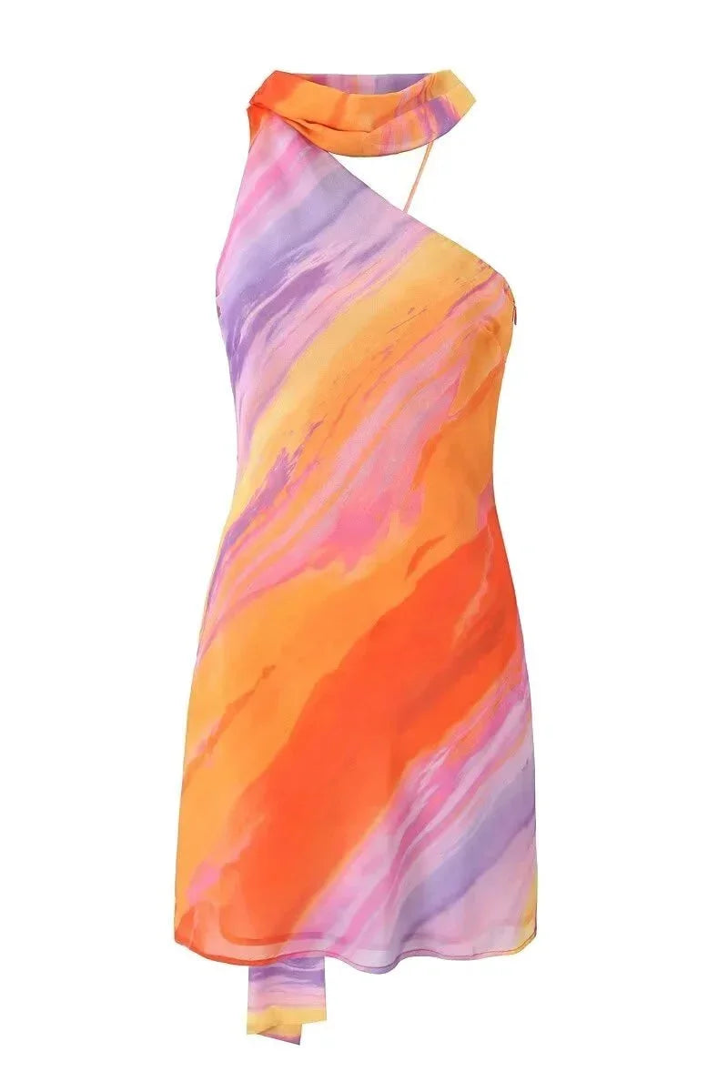 Women's Orange Ombre Halter Mini Dress