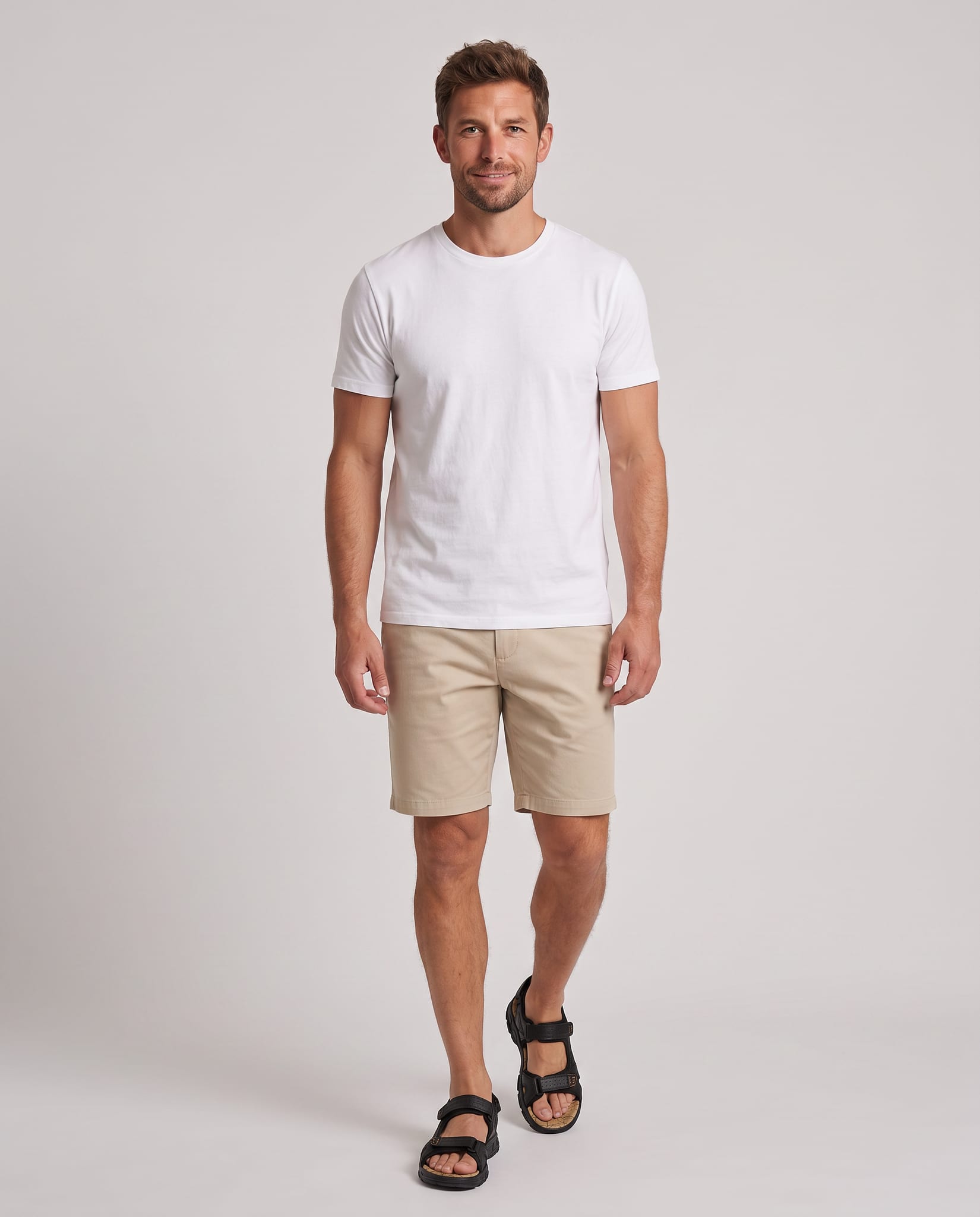 Men's Supportive Velcro Strap Sandals – model walking pose, light gray studio