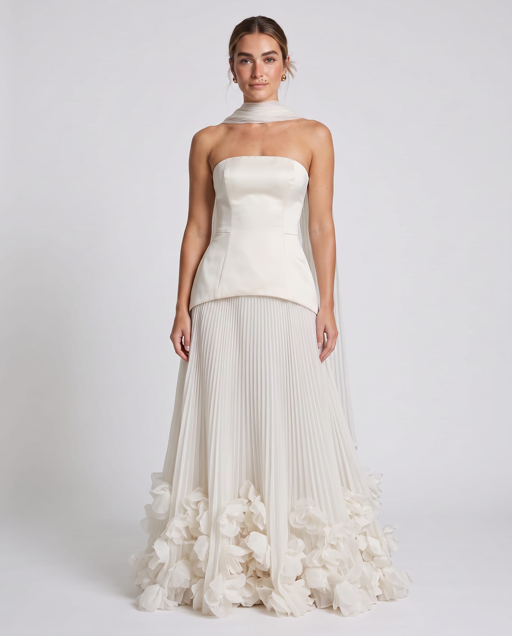Seraphina Gown Ivory – model front view, light gray studio