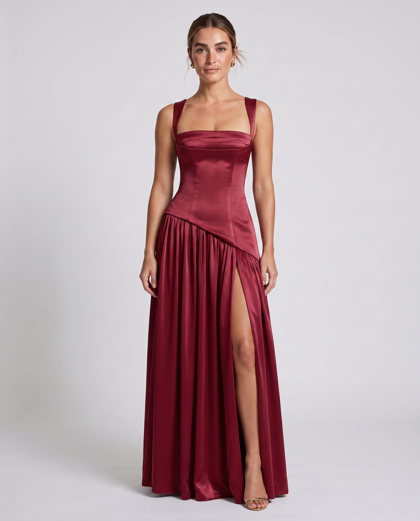 Seraphine Maxi Dress Cherry Lacquer – model front view, light gray studio