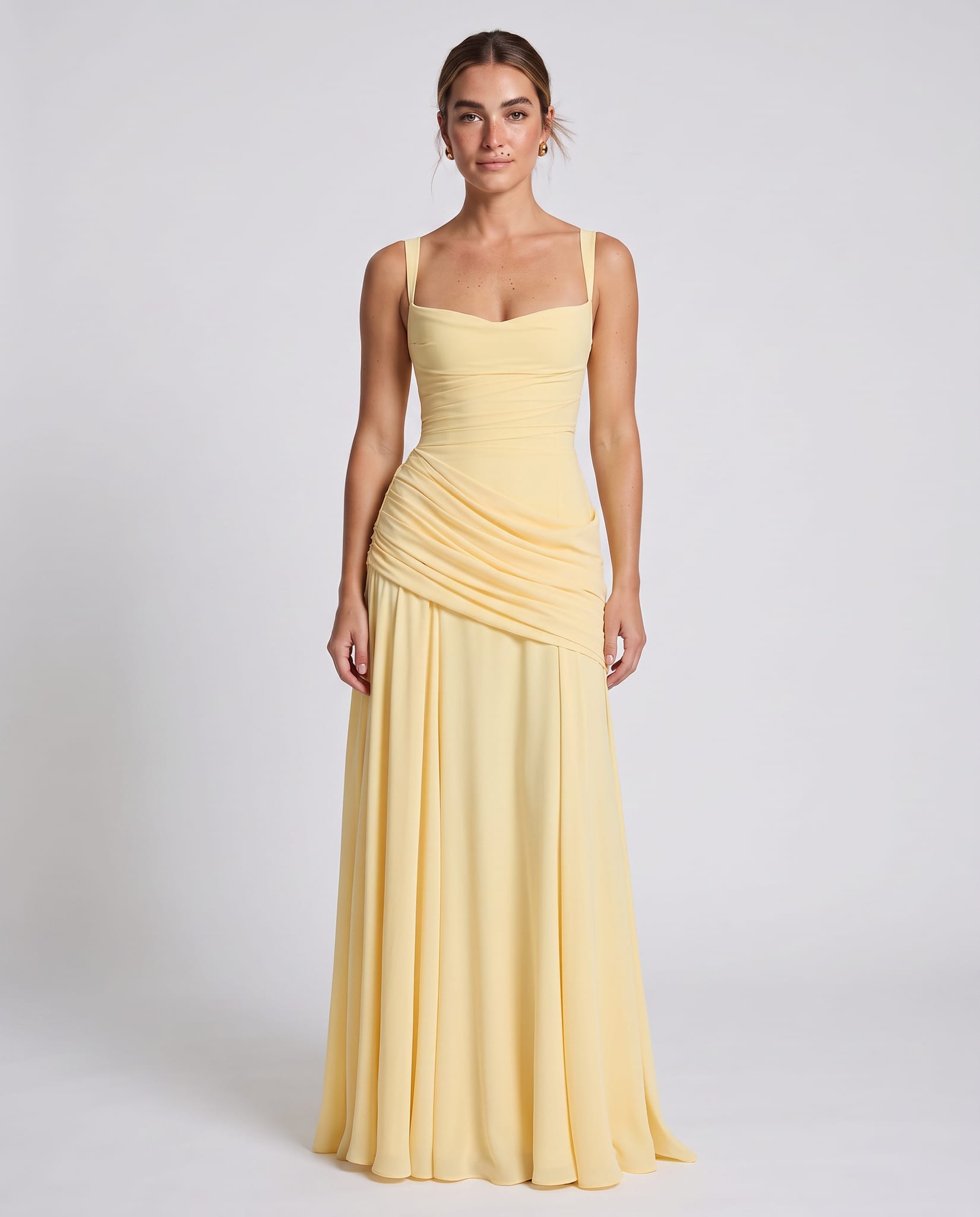 Sura Maxi Dress Lemon – model front view, light gray studio