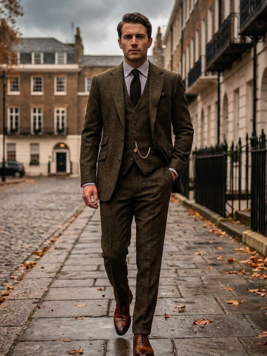 Men's Slim Fit Tweed Three-Piece Suit