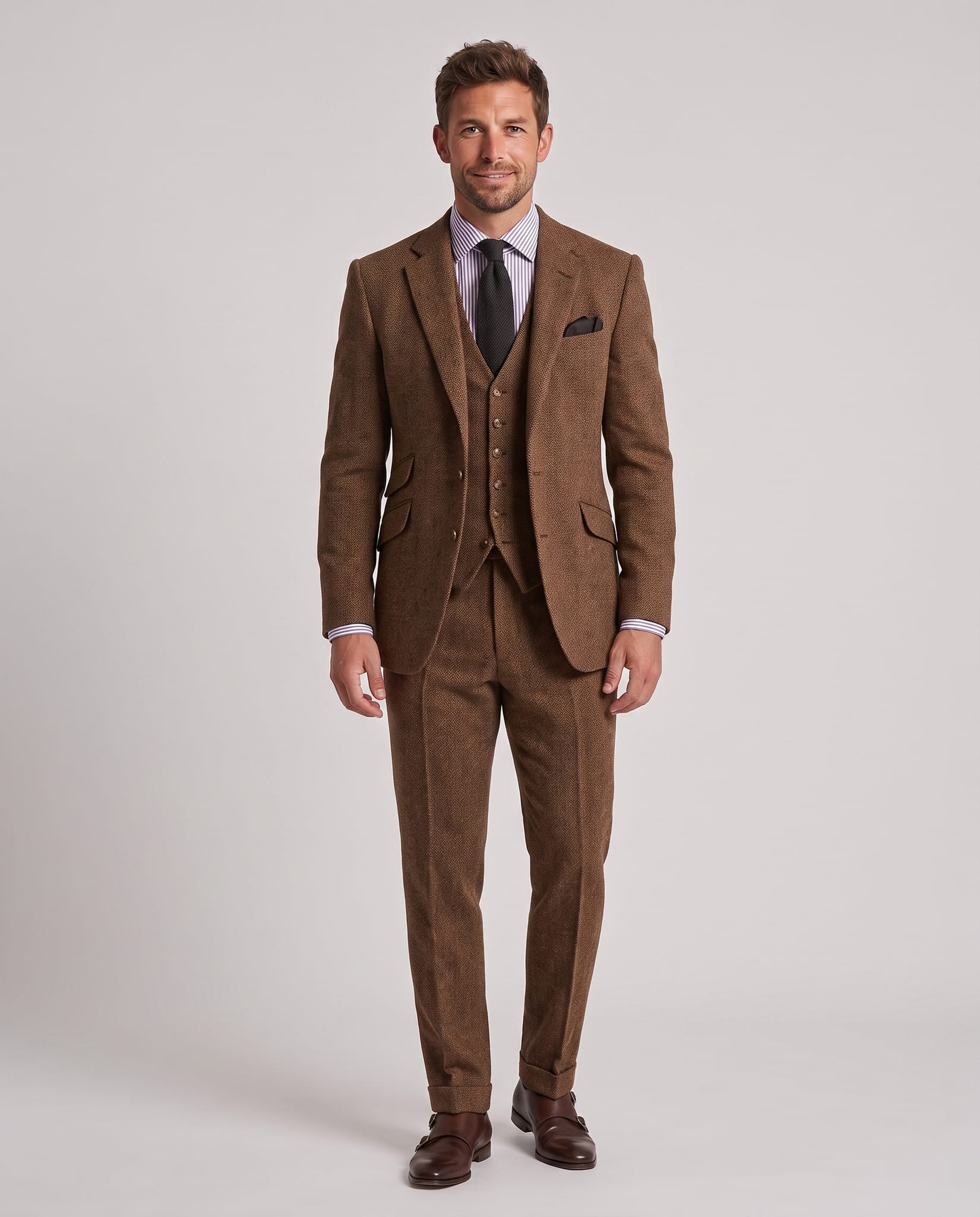 Men's Slim Fit Tweed Three-Piece Suit – model front view, light gray studio