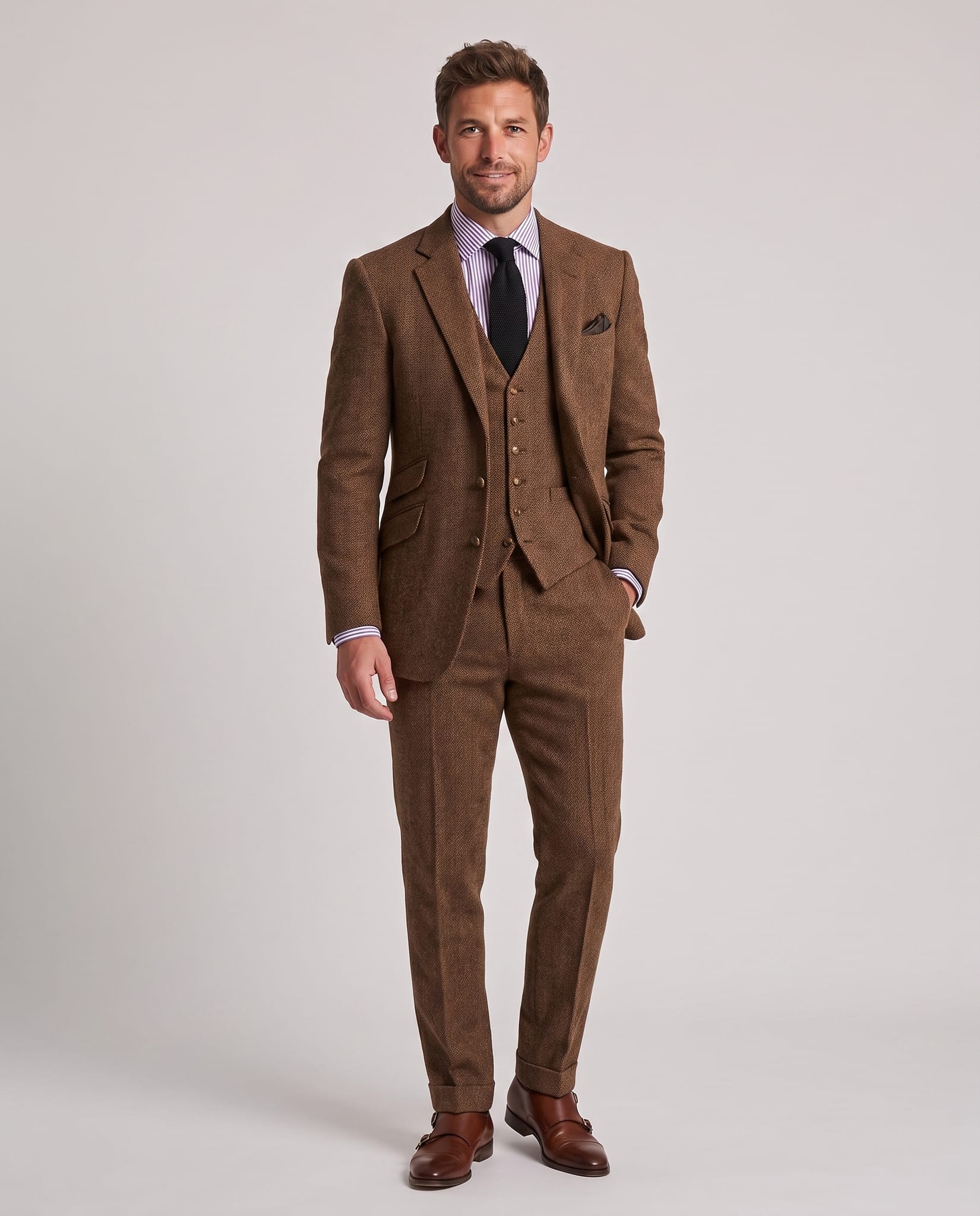 Men's Slim Fit Tweed Three-Piece Suit – model three-quarter view, light gray studio