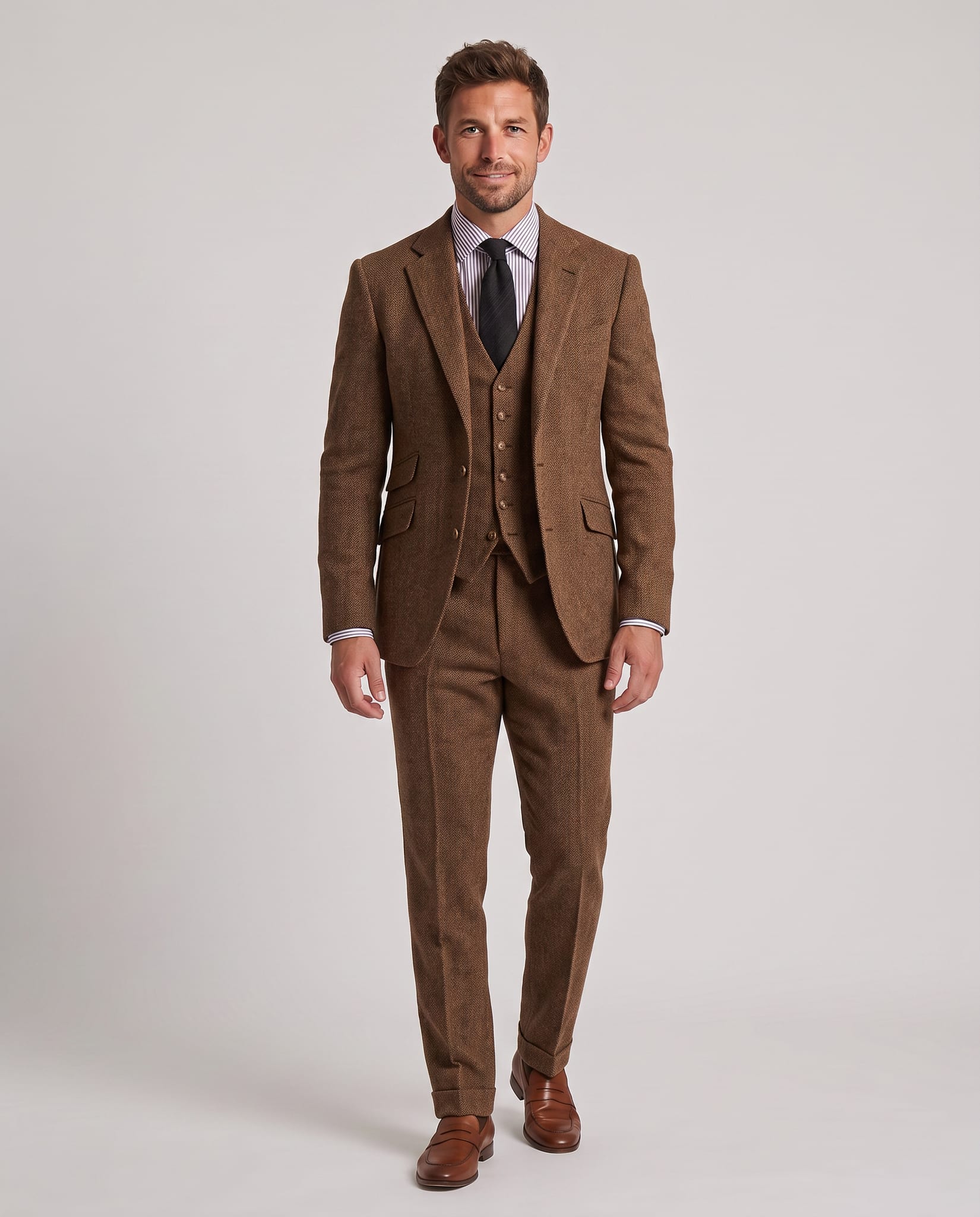 Men's Slim Fit Tweed Three-Piece Suit – model walking pose, light gray studio
