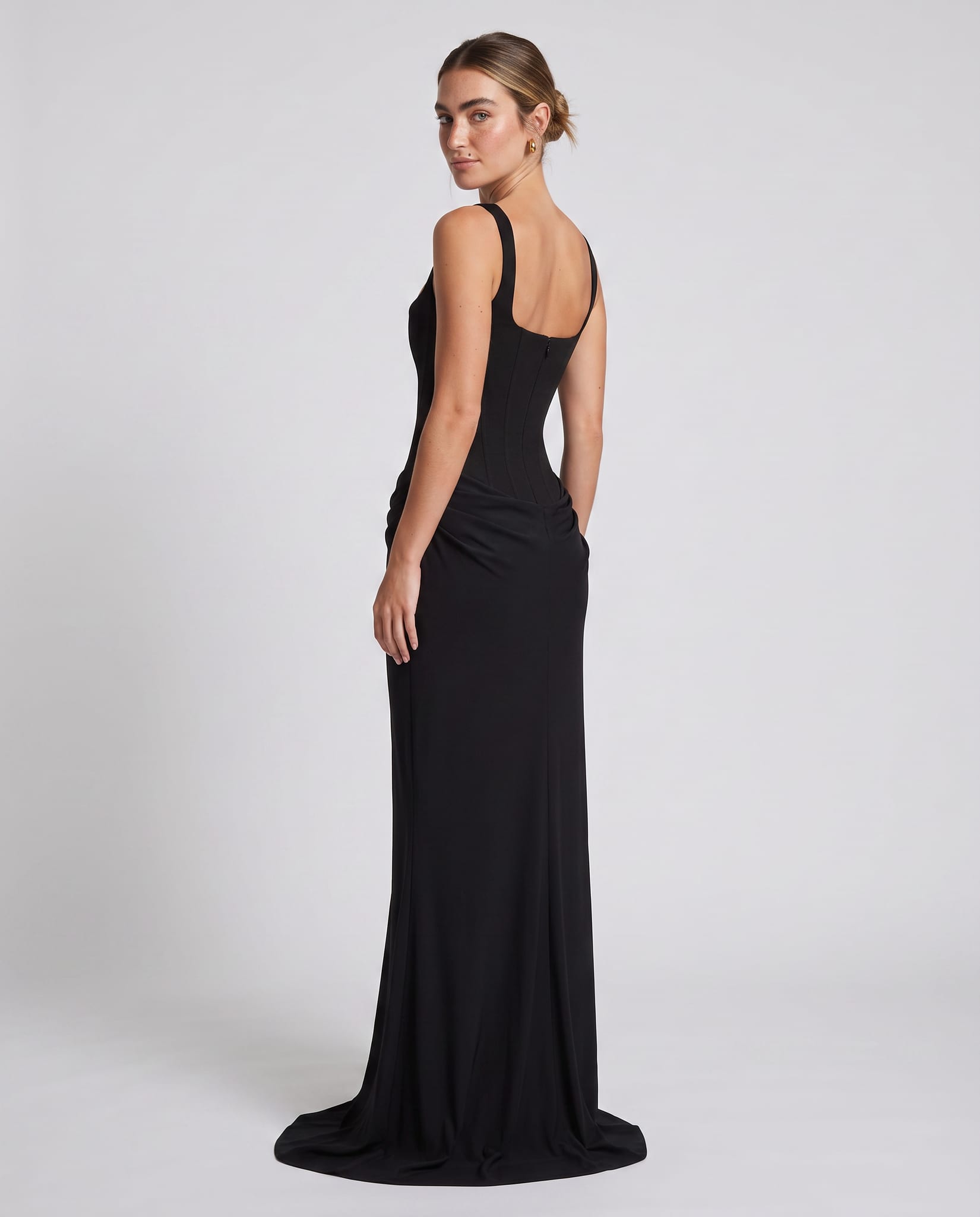 Vienna Maxi Dress Black – model back view over shoulder, light gray studio